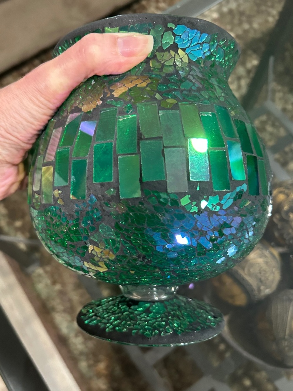 Mosaic Green Pedestal Candle Holder - Picture 2 of 3